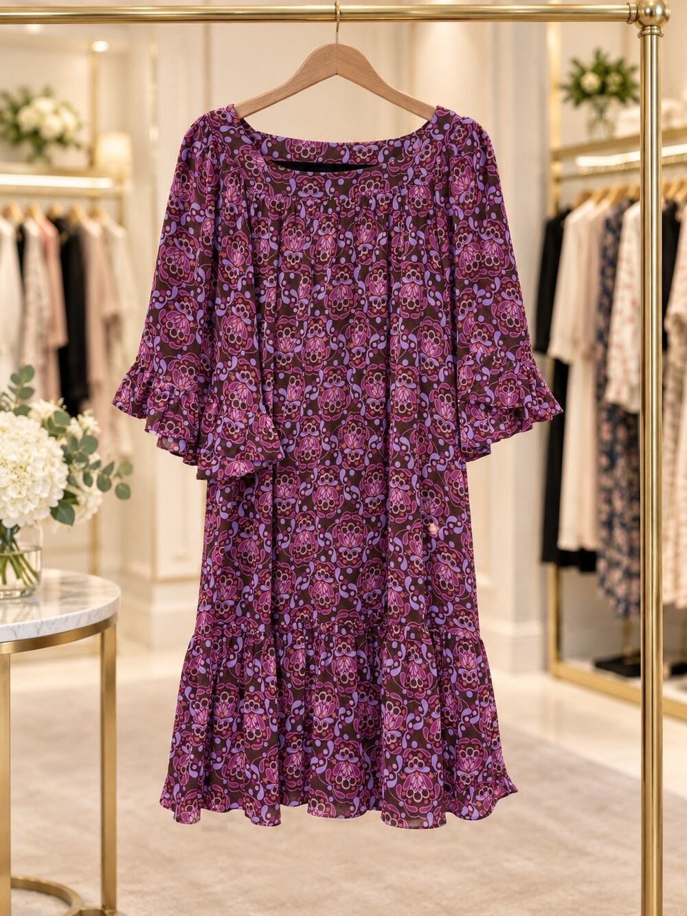 Anna Sui x Uniqlo Dress XS Purple Brown Floral Ruffle Hem 3/4 Sleeve Oversized